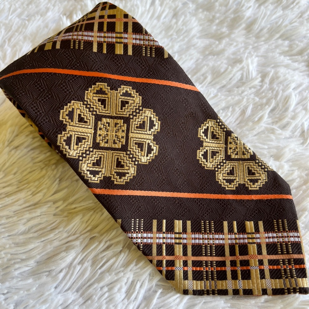 Vintage 70s Sears Polyester Wide Necktie Brown Jacquard Gold Beige Orange